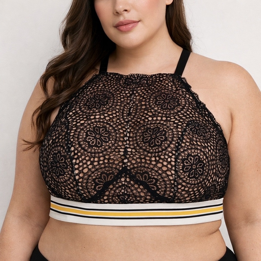 NWT Cacique High Neck Lace Bralette Womens 18/20 Black Striped Band Sporty‎ 2X